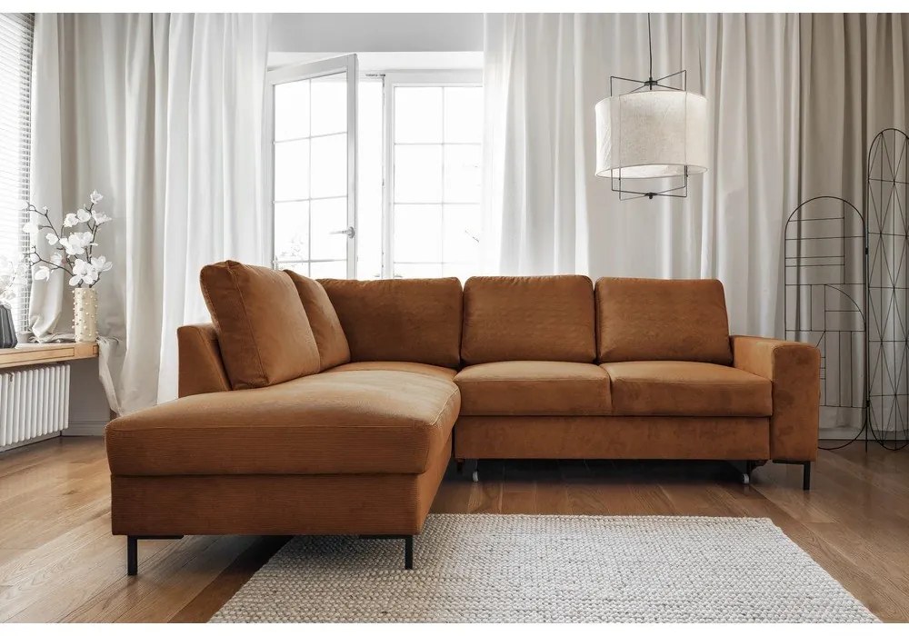 Оранжево-кафяв разтегателен ъглов диван от рипсено кадифе (ляв ъгъл) Lofty Lilly – Miuform