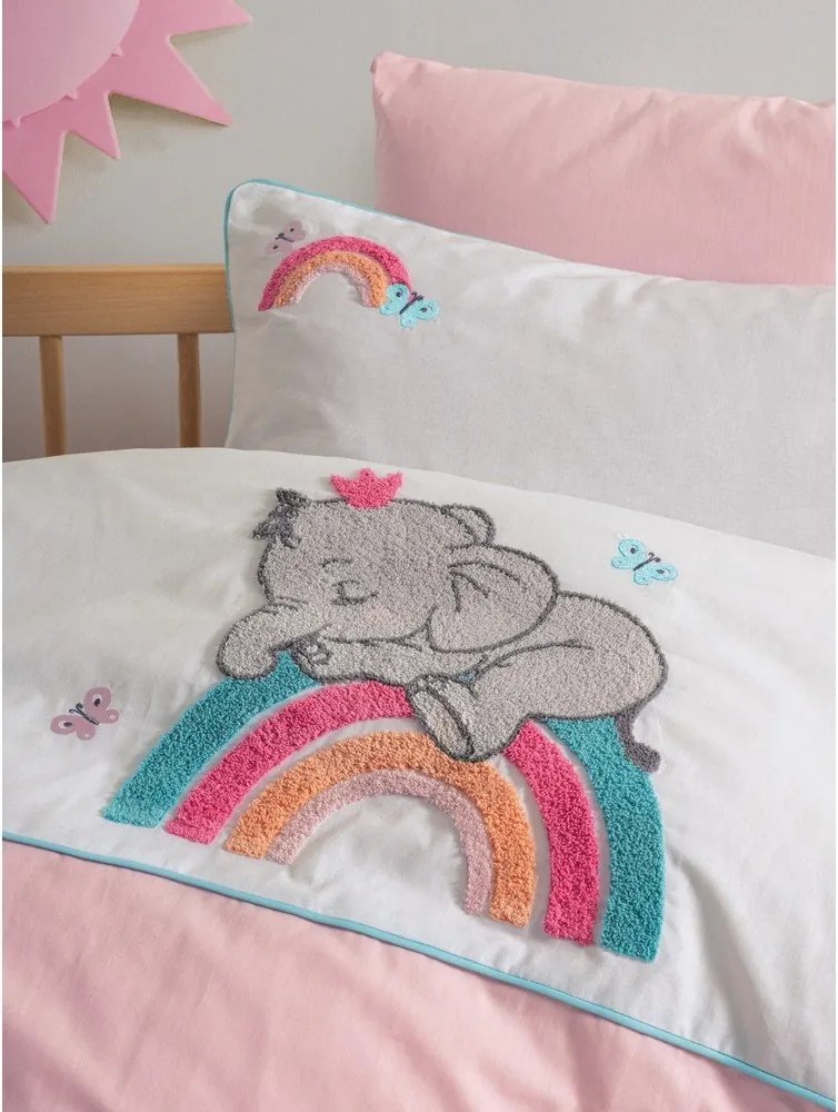 Бяло-розово памучно детско спално бельо с включен долен чаршаф, 4 части 100x150 cm Lucky – Mijolnir