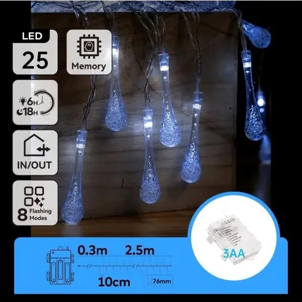 Aigostar - LED външен коледен гирлянд 25xLED/8 функции 3xAA 2,5m IP44 студено бяло капки