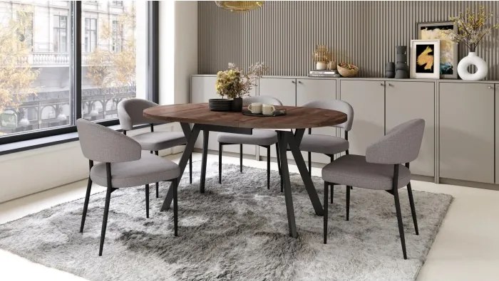 АЛМО Дъб Кафяв/черни крака - КРЪГЛА РАЗТЕГАТЕЛНА МАСА С Y-ОБРАЗНИ КРАКА В ЛОФТ/ИНДУСТРИАЛЕН СТИЛ ЗА ХОЛ ИЛИ ТРАПЕЗАРИЯ