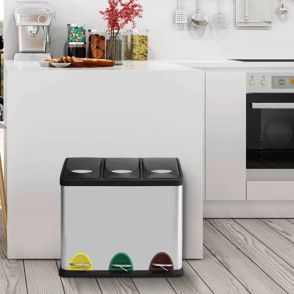 Стоманено кошче за боклук за рециклиране с педал в матово сребрист цвят 3x8 l Tri Selectif – MSV