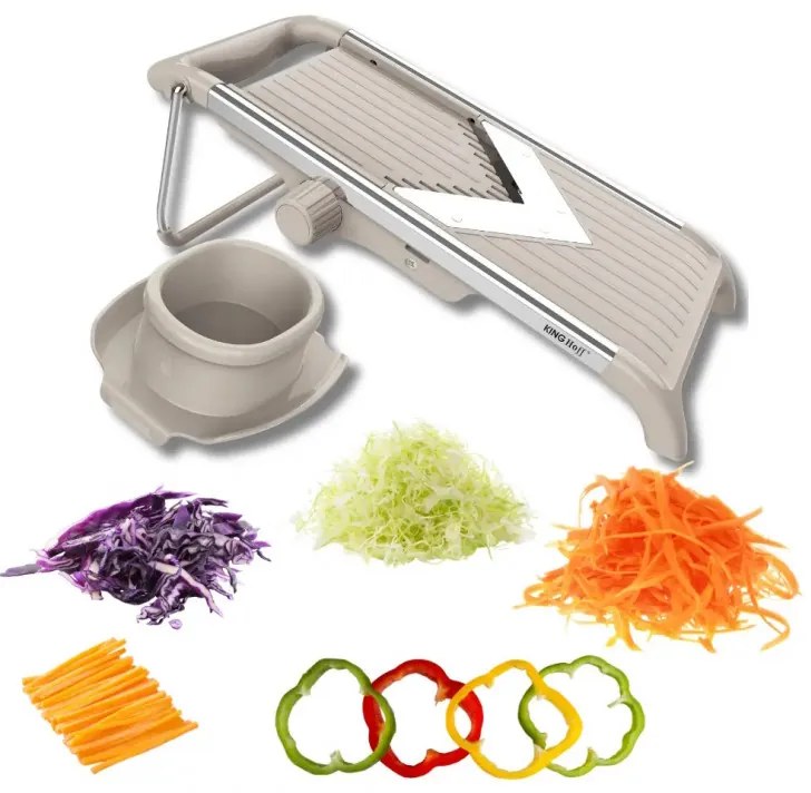 Ренде за зеленчуци Kinghoff KH 2006, Регулируема дебелина, V-образни остриета, Жулиен 5 мм, Бежов/Сив