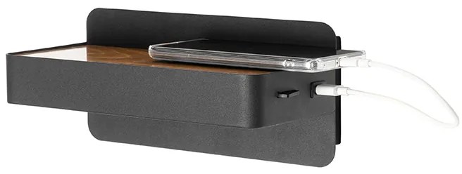 Модерен стенен аплик черен с LED с USB и превключвател - Ted