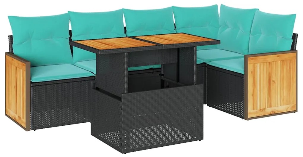 3327711 vidaXL Градински диван с възглавници, 6 части, черен полиратан, акация