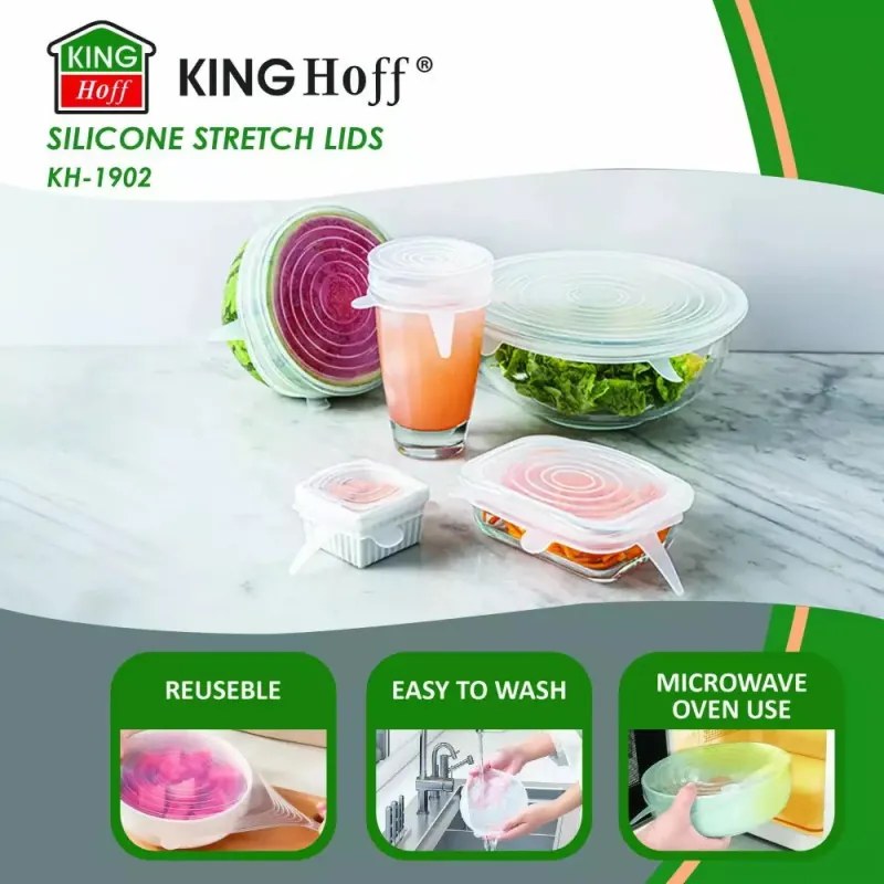 Комплект 6 бр. силиконови капаци Kinghoff KH 1902, -40 до 230°C, Плътно и херметично прилепване, Многократна употреба, Универсални, Прозрачен