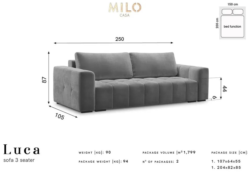 Тъмно сив кадифен разтегателен диван Luca - Milo Casa