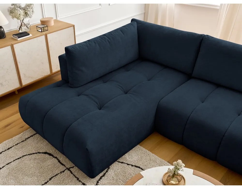 Тъмносин сгъваем/с място за съхранение ъглов диван (ляв ъгъл/U форма) Fuji – Bobochic Paris