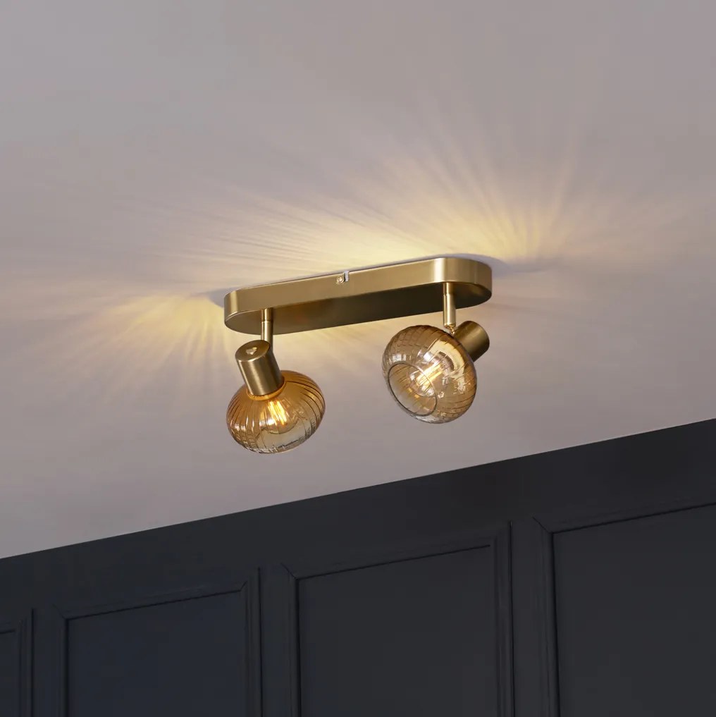 Кръгла таванна лампа златна с кехлибарено стъкло 2-светлинна - Теди