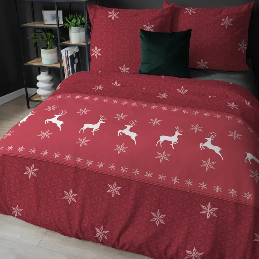 Коледно фланелено спално бельо - червено с бели елени Ширина: 160 см | Дължина: 200 см