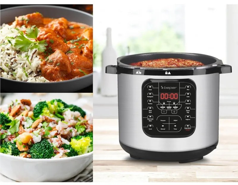 Мултикукър под налягане Beper P101COS001, 1200W, 15 програми, 6 литра, Таймер, Инокс/черен