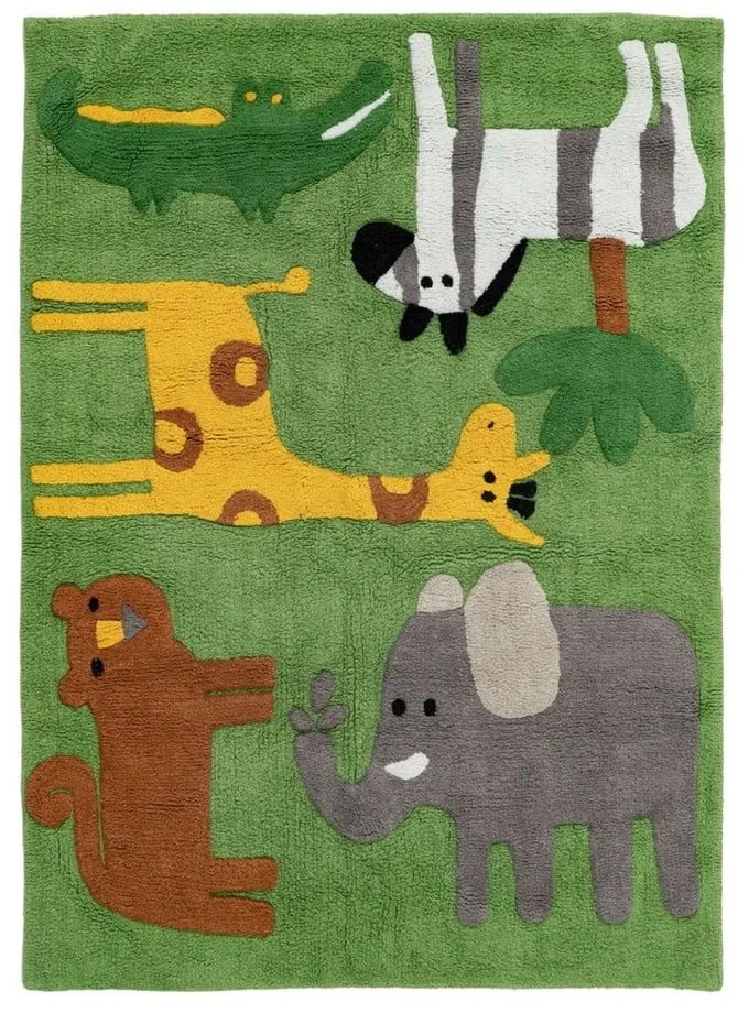 Зелен памучен детски килим подходящ за пране 100x135 cm Animals – Ixia