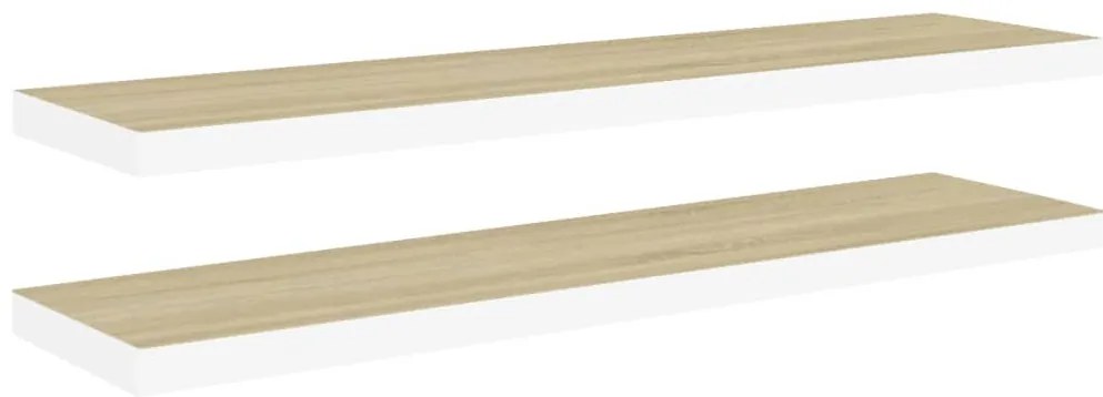 326586 vidaXL Окачени стенни рафтове, 2 бр, дъб и бял, 120x23,5x3,8 см, МДФ