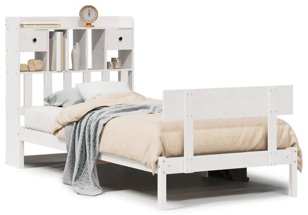3321821 vidaXL Легло с рафтове за книги, без матрак, бял, 90x190 см, бор масив
