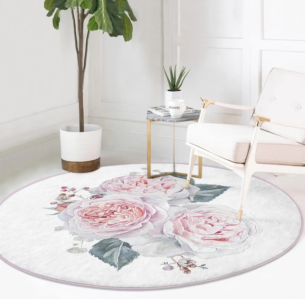 Бяло-розов кръгъл килим подходящ за пране и за прахосмукачки роботи ø 100 cm Comfort – Mila Home