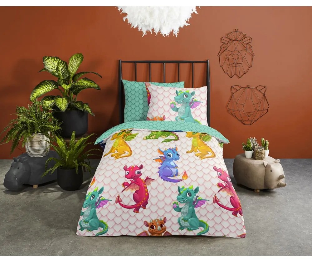 Единично удължено памучно детско спално бельо 140x220 cm Dragons – Good Morning