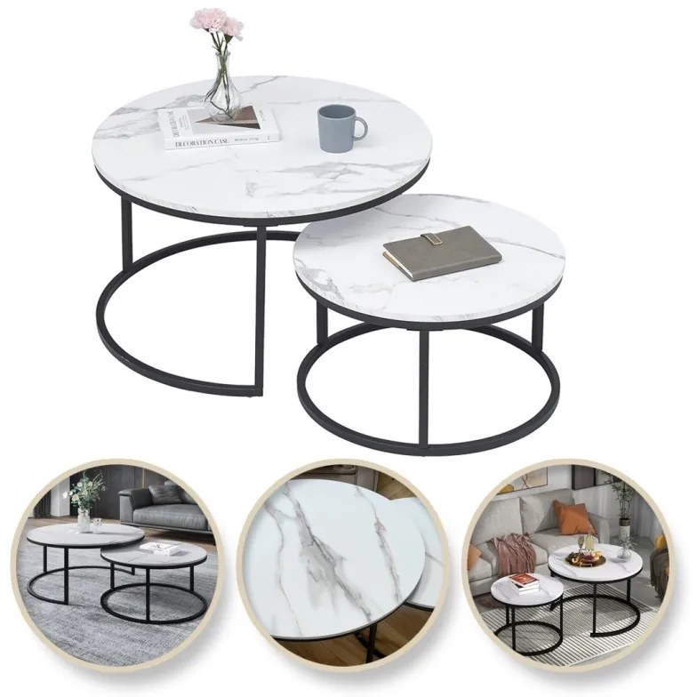 Комплект от 2 кръгли масички за кафе - бял мрамор