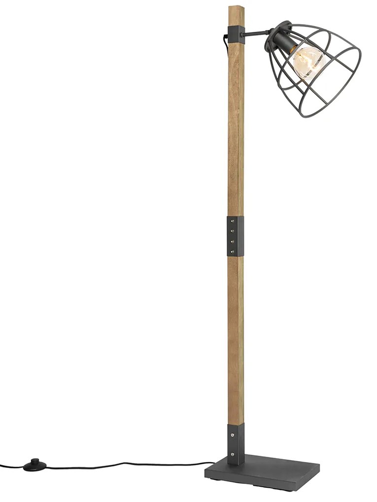 Индустриална подова лампа тъмно сива с дърво - Arthur