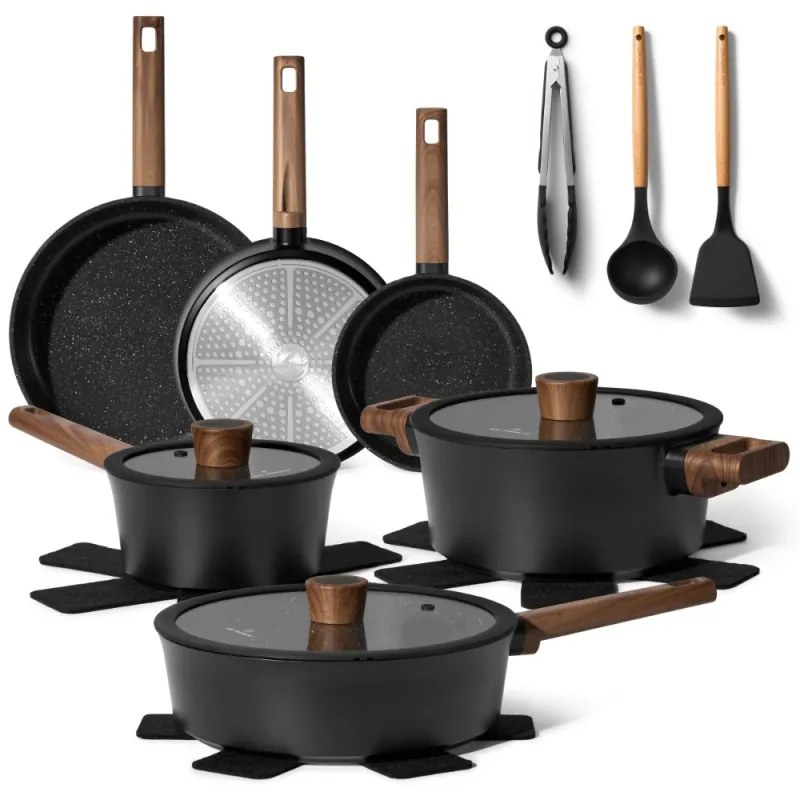 Комплект тенджери и тигани Just Perfecto JL-111, 15 части, Отливка, Гранитно покритие, Индукция, Аксесоари, Черен