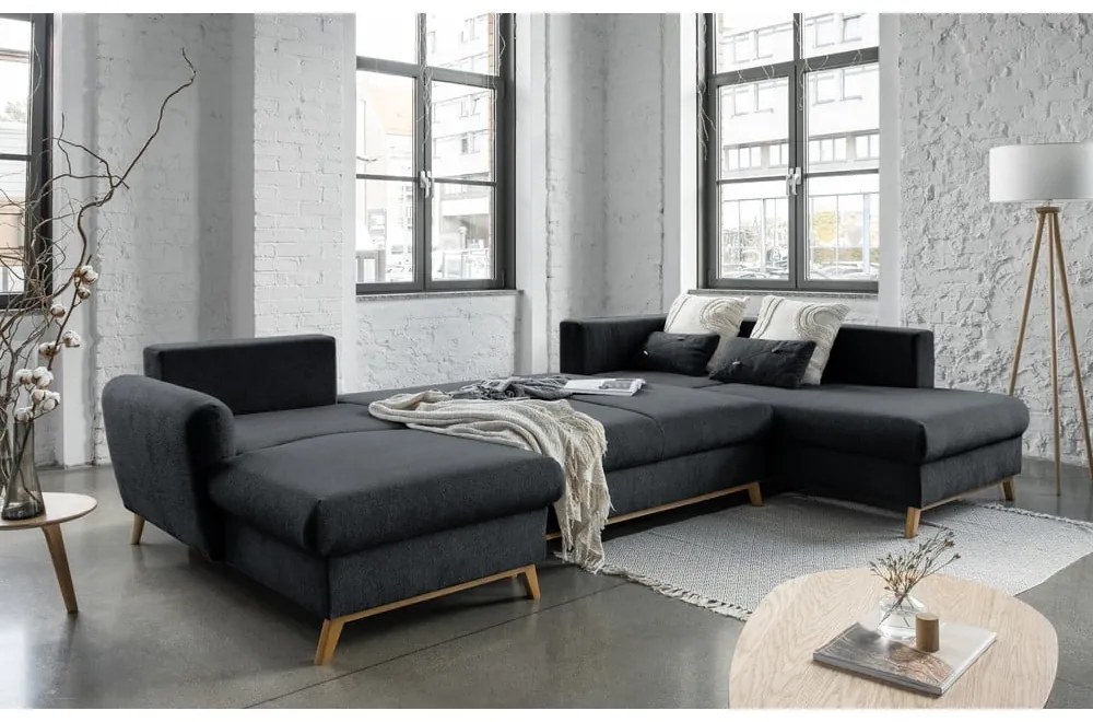Тъмносив U-образен разтегателен диван, десен ъгъл Scandic Lagom - Miuform