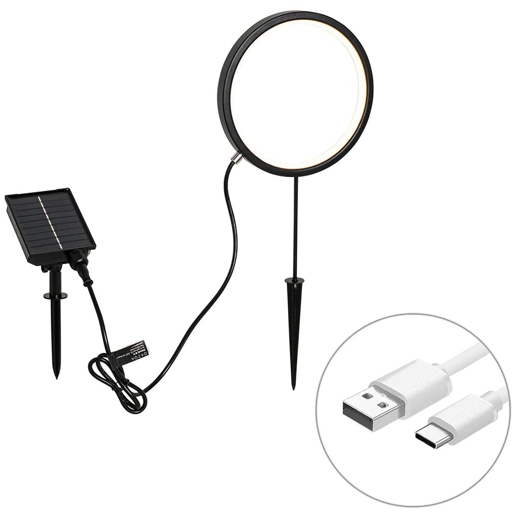 Шпикова лампа черна 50 см с акумулаторна и слънчева LED IP65 - Adalind