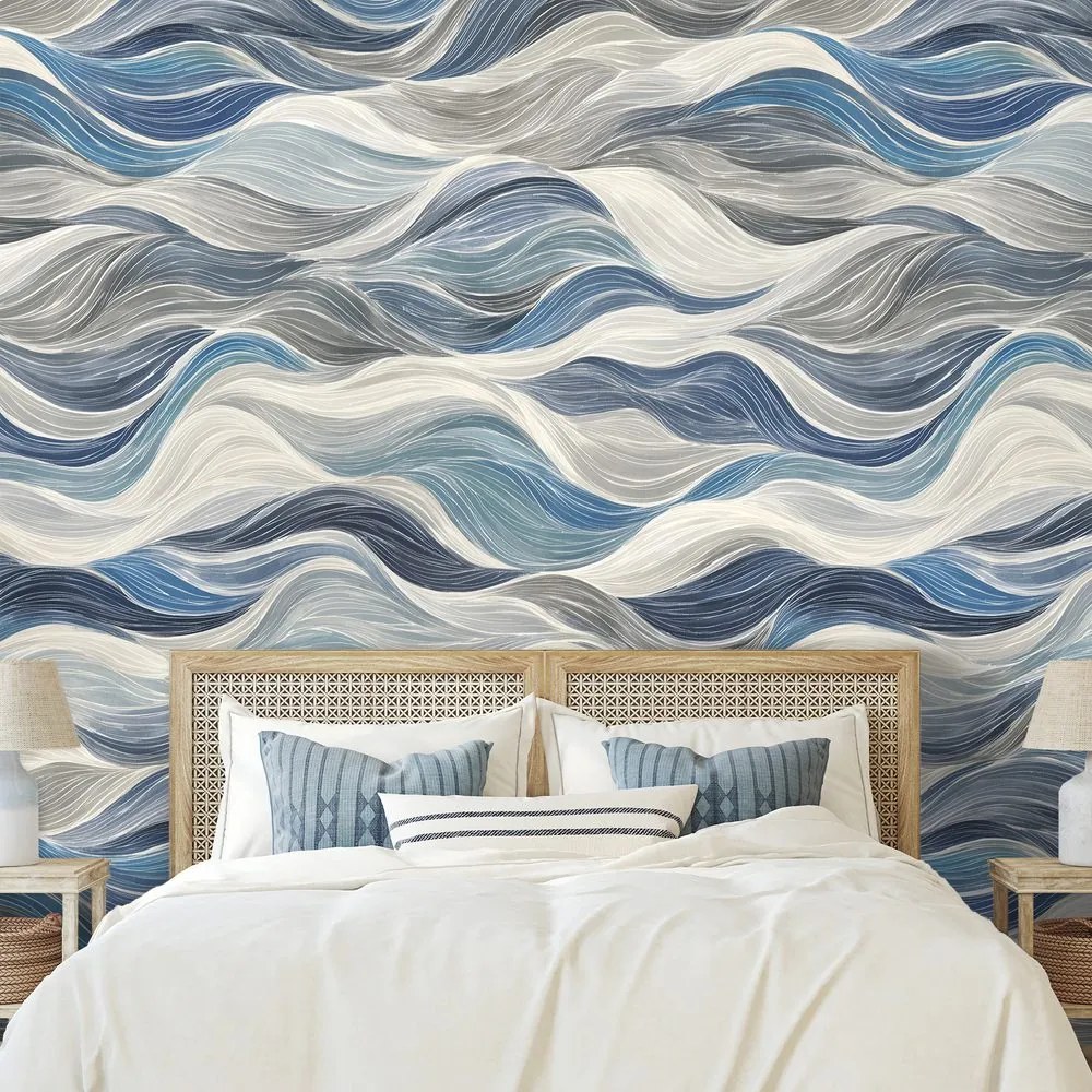 Самозалепващ тапет – Сини вълни на сив фон