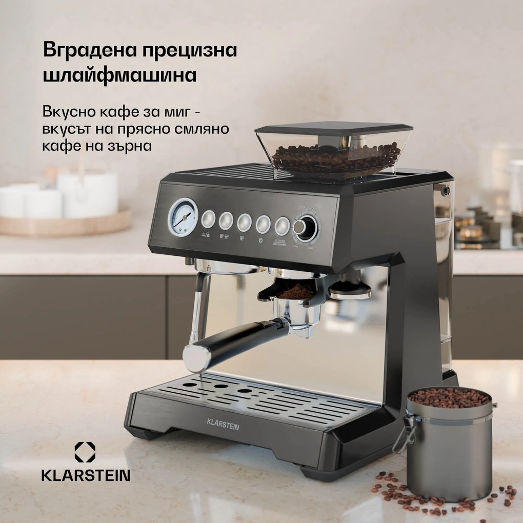 Klarstein GrandPresso кафемашина, прецизна мелачка, парна дюза, портафилтър, индикатор за налягане, 20 bar