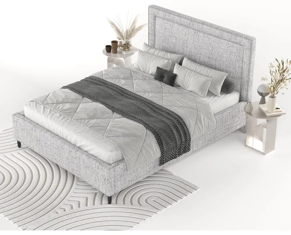 Светлосиво тапицирано двойно легло с място за съхранение с включена подматрачна рамка 180x200 cm Baleine – Maison de Rêve