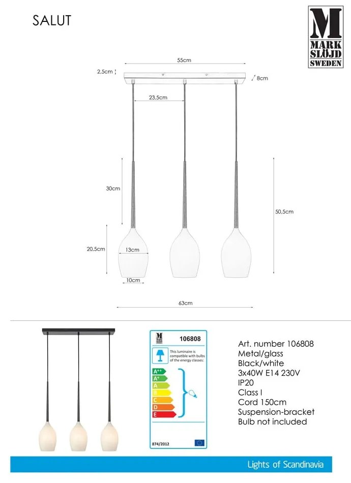 Бяло и черно висящо осветително тяло със стъклен абажур Salut – Markslöjd