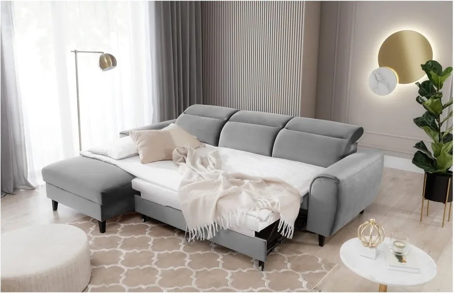 Сив кадифен разтегателен ъглов диван с място за съхранение (ляв ъгъл) Foble – ELTAP