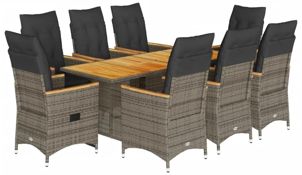 3276854 vidaXL Градински трапезен комплект 9 части с възглавници сив полиратан