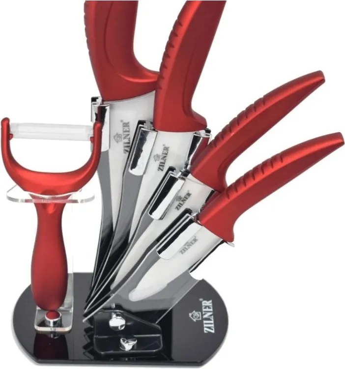 Комплект ножове с поставка ZILNER ZL 5123, 6 части, Белачка, Керамично покритие, Червен