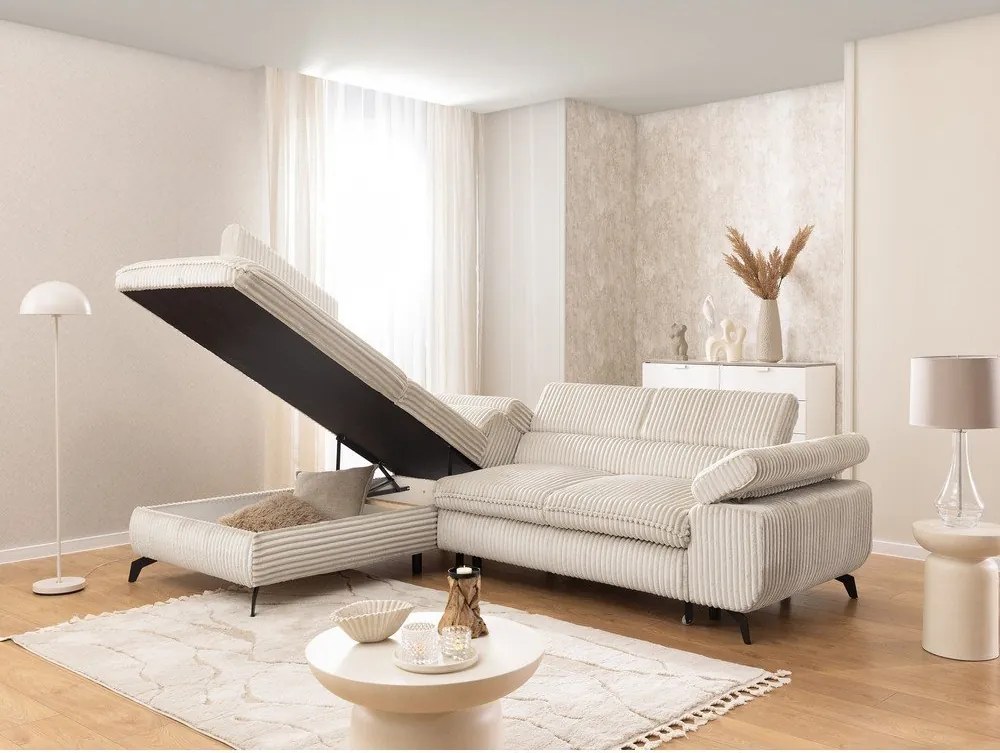 Кремав ъглов диван от рипсено кадифе (ляв ъгъл L форма) Marbeya – Ropez