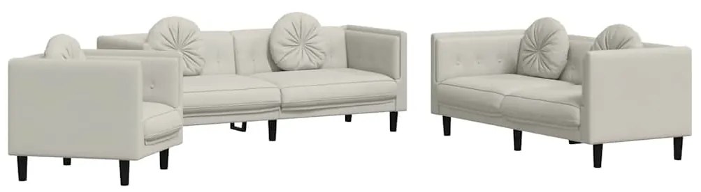 3209254 vidaXL Комплект дивани 3 части с възглавници, кремав, кадифе