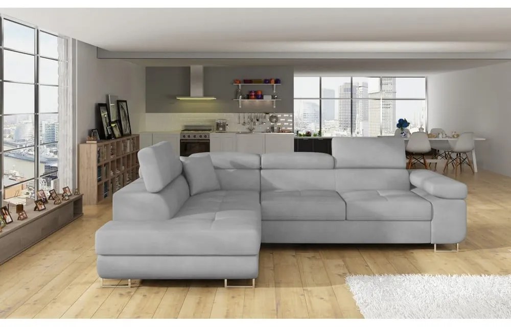 Светлосив кадифен разтегателен ъглов диван с място за съхранение (ляв ъгъл L форма) Anton – ELTAP
