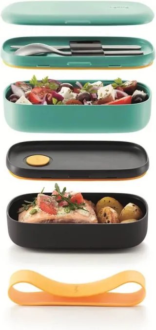 Комплект 2 бр кутии за храна Lekue On The Go 1010220, 500 мл, Херметично затваряне, Отделение за прибори, Клапан за микровълнова, Тюркоаз