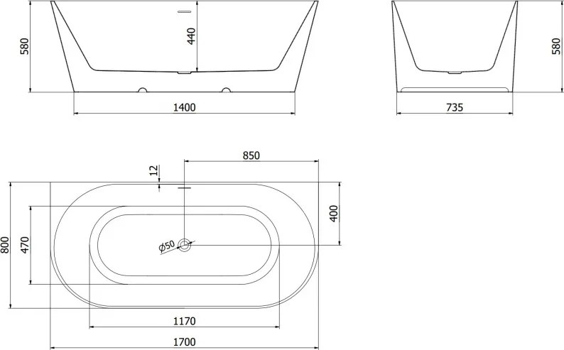 Mexen Oval Slim свободно стояща вана до стена 170 x 80 см, бяла, бял преливник - 52661708000-20