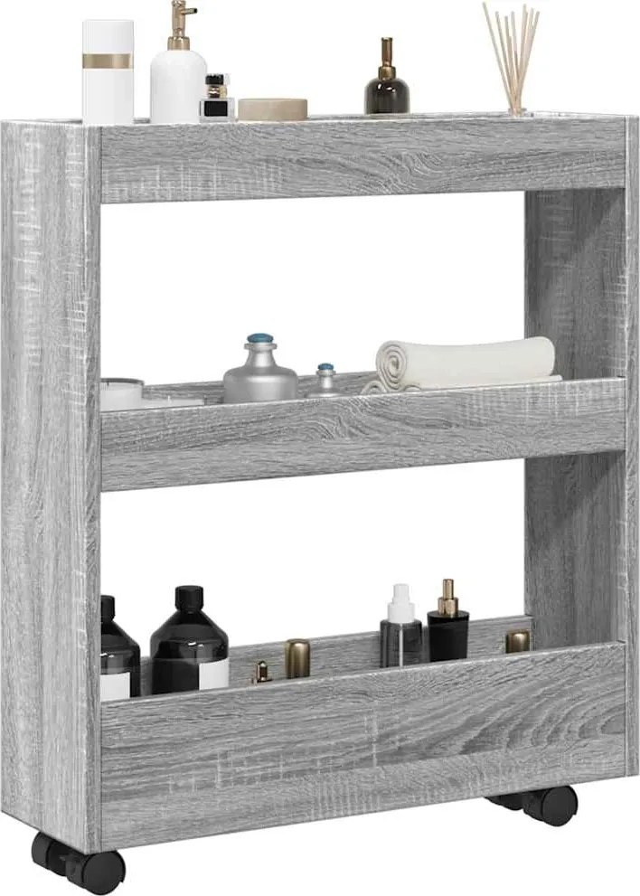 855246 vidaXL Тясна количка за съхранение 3 нива сив сонома инженерно дърво