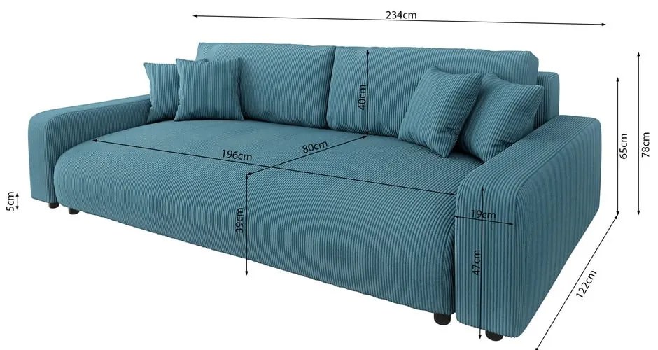 Тюркоазен разтегателен диван с място за съхранение от рипсено кадифе 234 cm Sara – Ropez