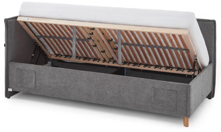 Сиво тапицирано ъглово детско легло 120x200 cm с място за съхранение с включена подматрачна рамка Fun – Meise Möbel