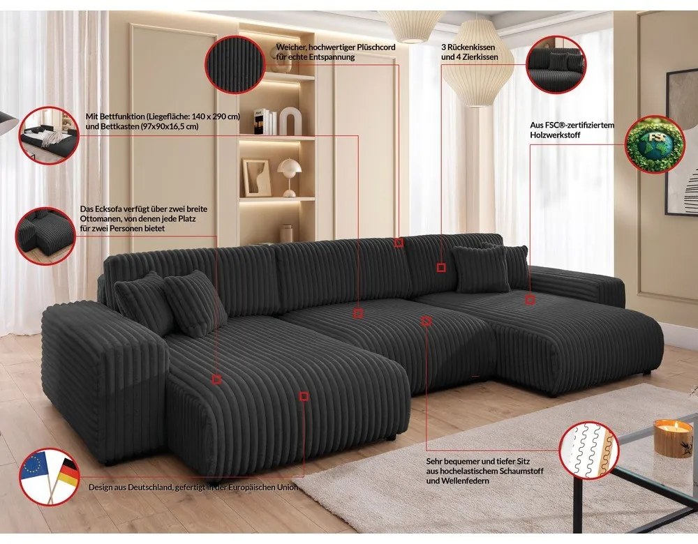 Тъмносив разтегателен ъглов диван с място за съхранение от рипсено кадифе (U форма) Sarina – Ropez