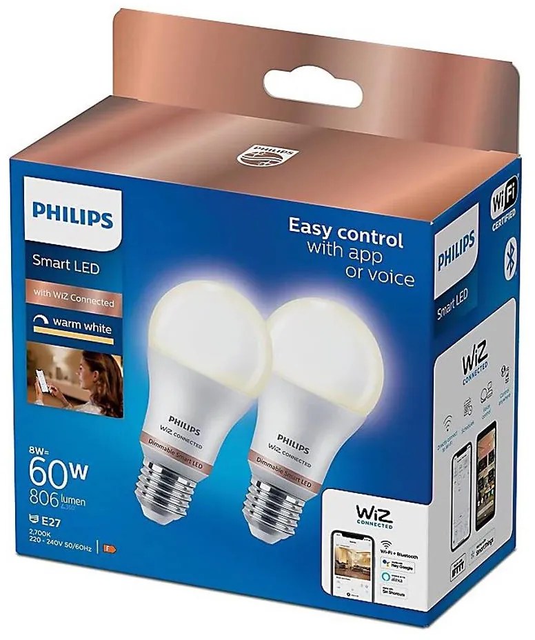 К-кт 2x LED Димируема крушка Philips A60 E27/8W/230V Wi-Fi