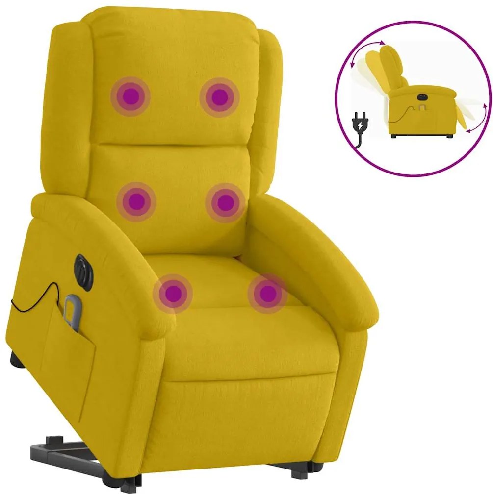 3204340 vidaXL Електрически изправящ масажен реклайнер стол, жълт, кадифе
