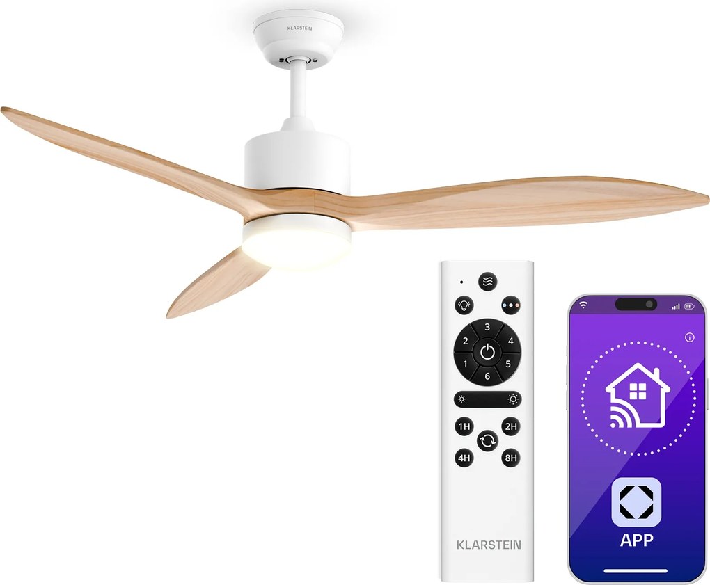 Klarstein SkyBreeze Интелигентен таванен вентилатор със светлина | 132 см | 27 W | Тих | LED | Дървен
