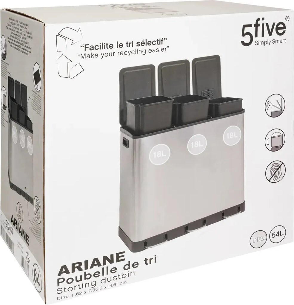 Кош за рециклиране 5five Ariane, Инокс, 3x18 l