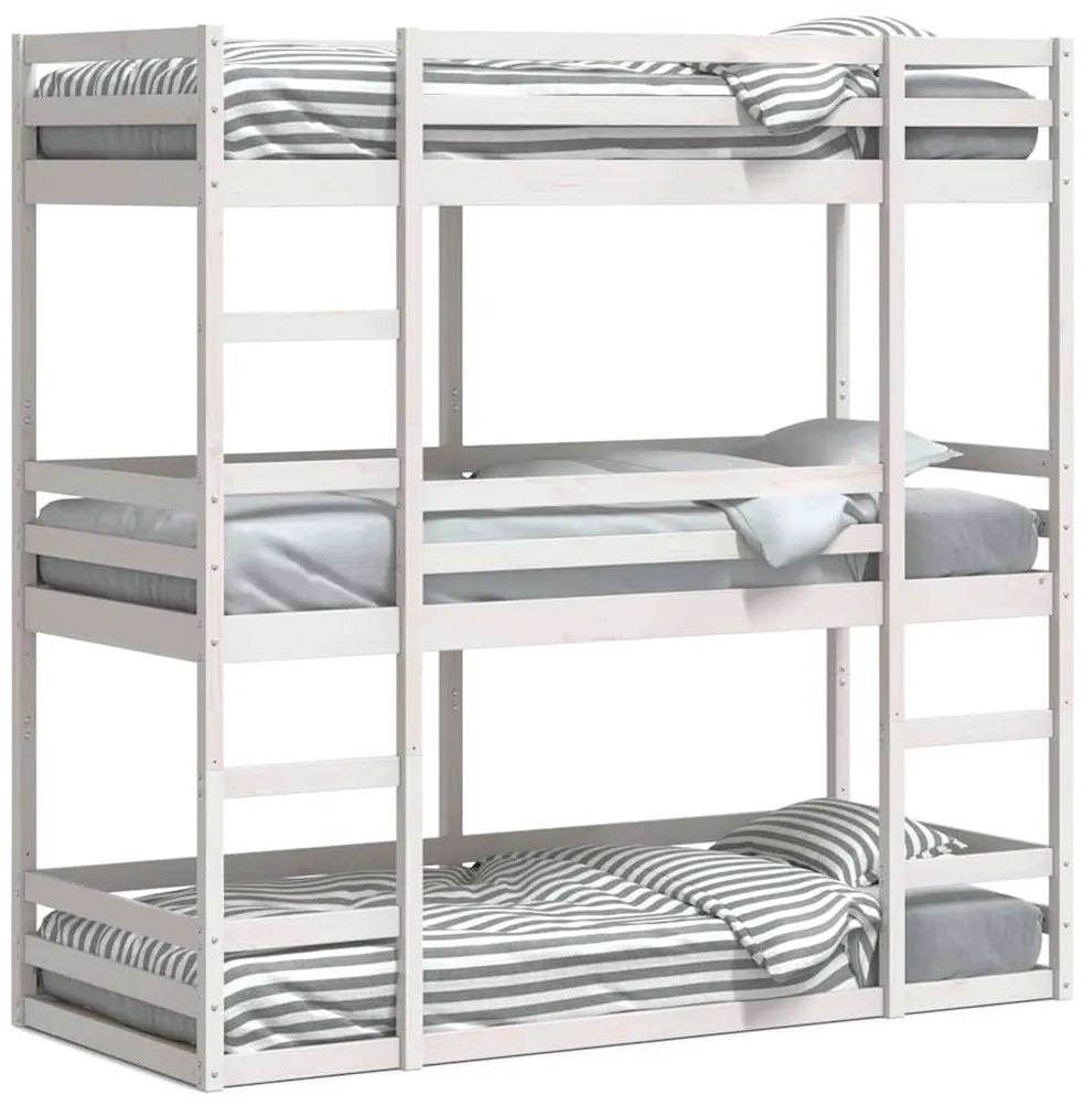 3284258 vidaXL Триетажно легло, бяло, 90x190 см, борово дърво масив