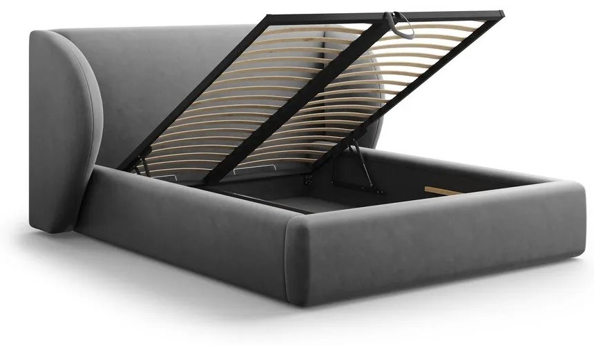 Тъмносиво тапицирано двойно легло с място за съхранение с решетка 200x200 cm Miley - Micadoni Home