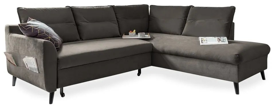 Тъмносиво кадифено ъглово канапе L, десен ъгъл Stylish Stan - Miuform