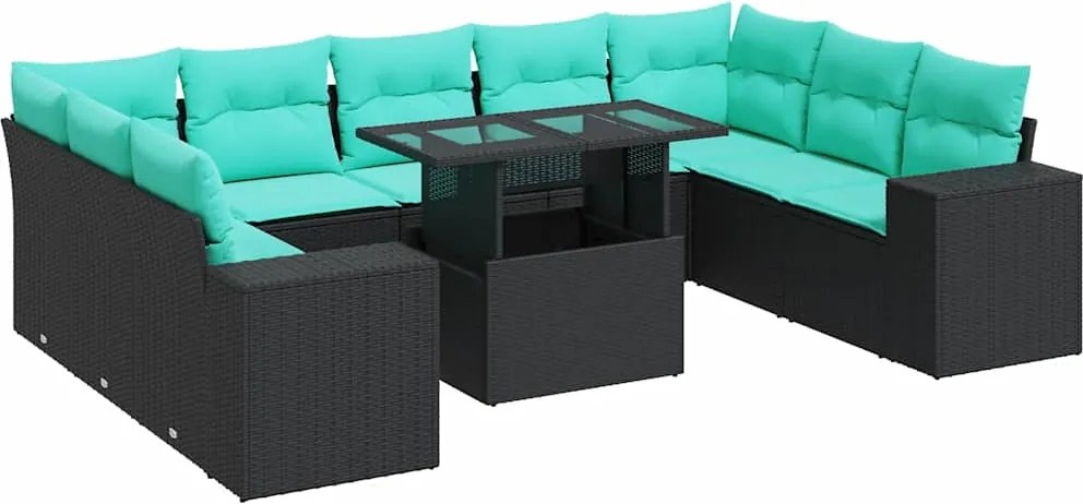 3326858 vidaXL Градински диван с възглавници 10 части черен полиратан акация