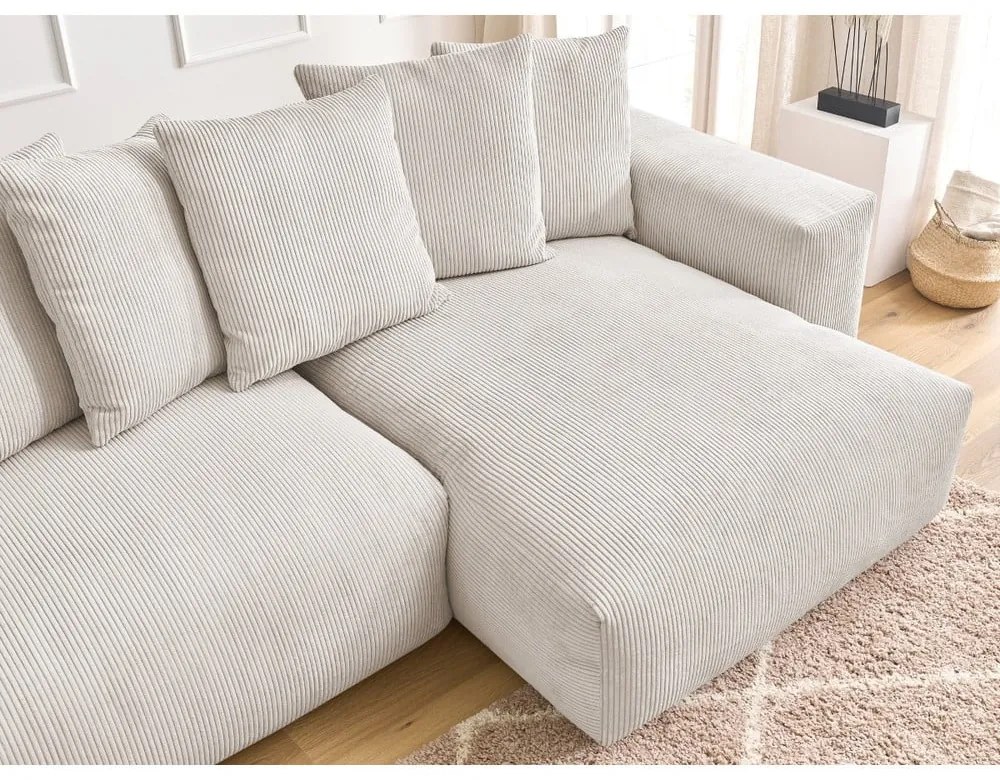 Кремав сгъваем/с място за съхранение ъглов диван от рипсено кадифе Voltaire – Bobochic Paris