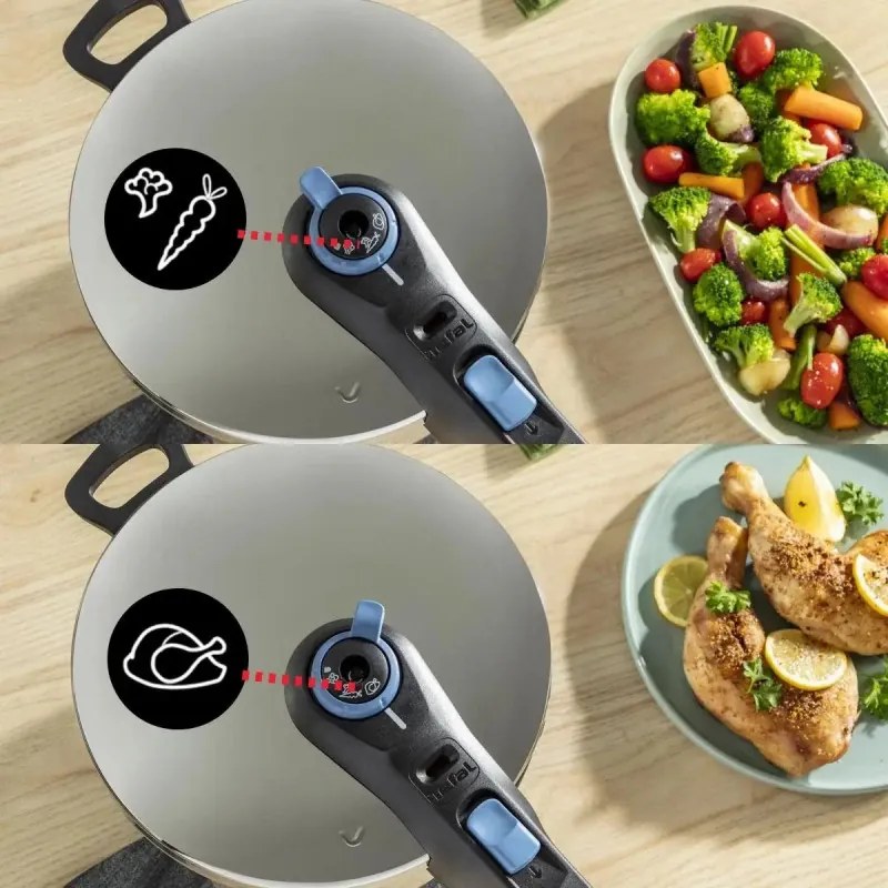 Тенджера под налягане Tefal P2584301, 4/6 л, 2 режима за зеленчуци и месо, 5точкова система за безопасност, Трислойно дъно, Индукция, Хром